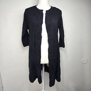 Eileen Fisher Black Open Front Linen Cotton Blend Long 3/4 Sleeve Cardigan